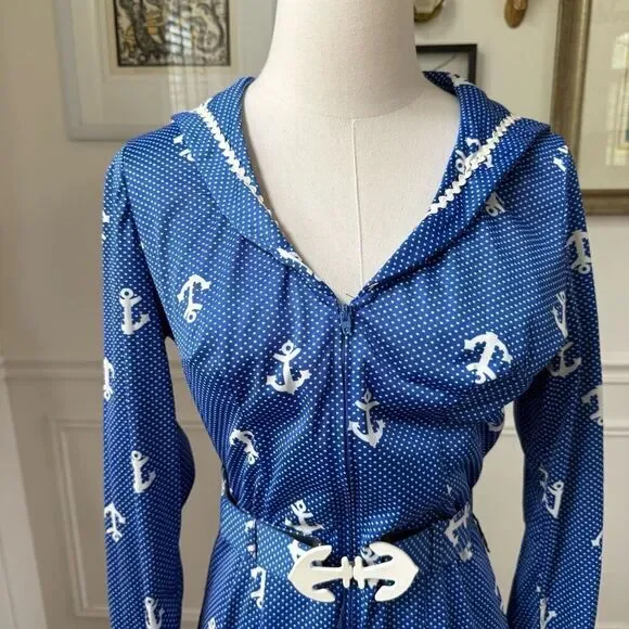 Vintage 70s House of She Ltd Zip Front Anchor Sailor Dress M - Picture 4 of 10